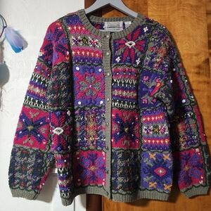 Vintage Portraits By Northern Isles Hand Knit Colorful Patchwork Cardigan